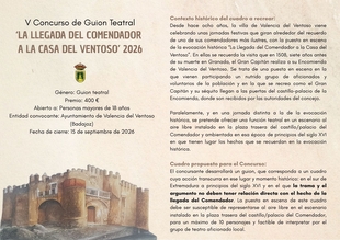 Convocado el V Concurso de guion teatral `La llegada del Comendador a la Casa del Ventoso´ 2026